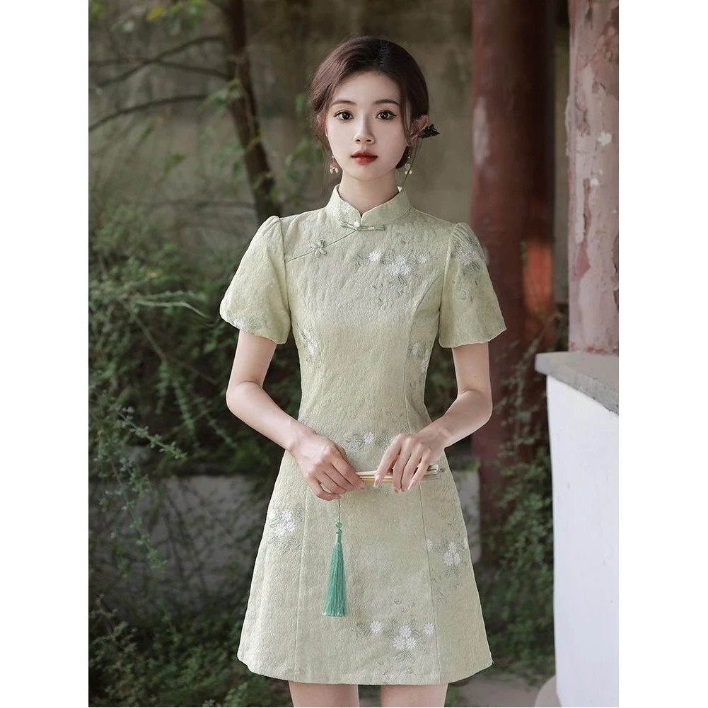 绿色新中式改良旗袍2025新款年轻款少女小个子超仙连衣裙短款夏季
