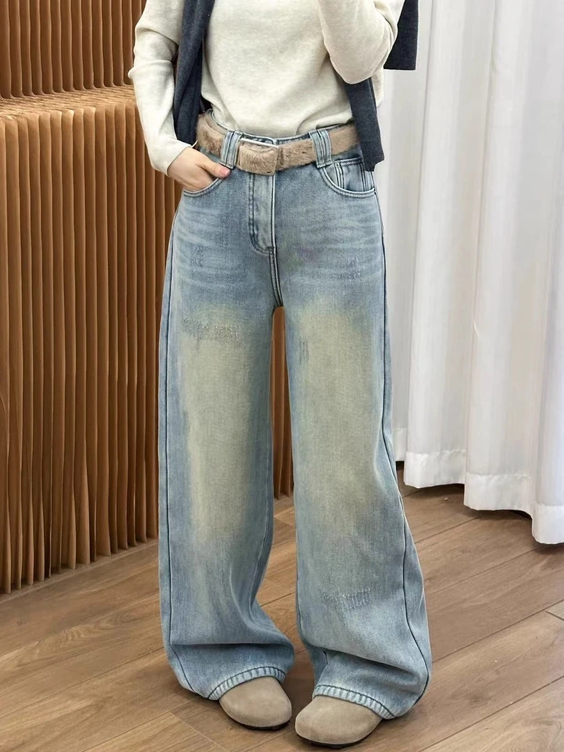 【济州岛】2025冬季：复古水洗细闪毛毛拼接腰带直筒牛仔裤