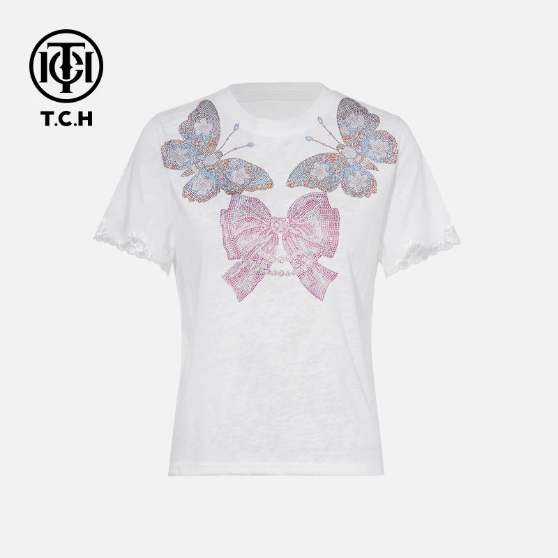 TCH私服烫钻工艺时尚休闲气质百搭蝴蝶结T恤女T75B10E5076轻奢tch