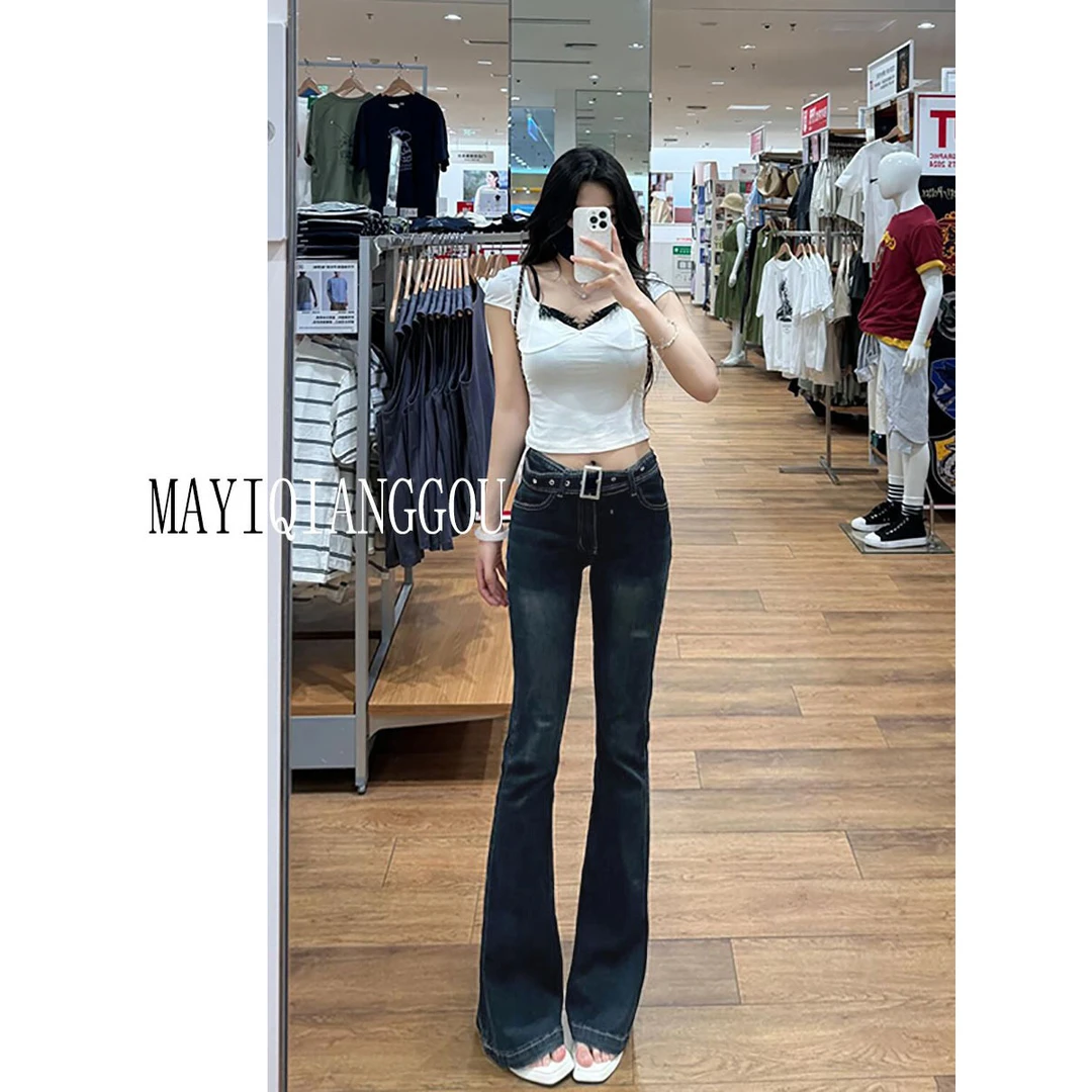 复古腰带微喇牛仔裤女春季2025年新款辣妹修身弹力显瘦喇叭长裤子