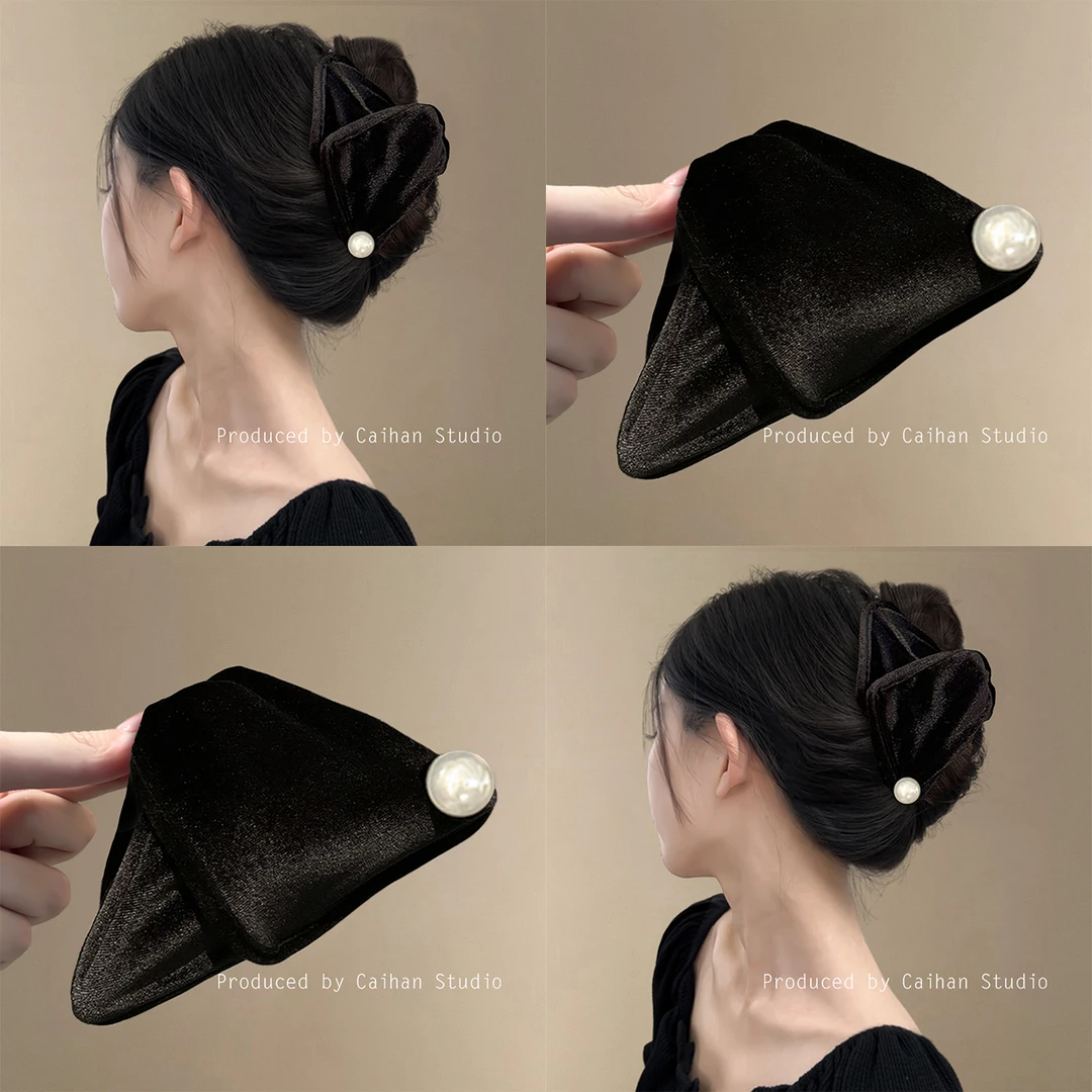赫本序章~复古黑丝绒珍珠抓夹女高级感韩国名媛气质鲨鱼夹盘发器
