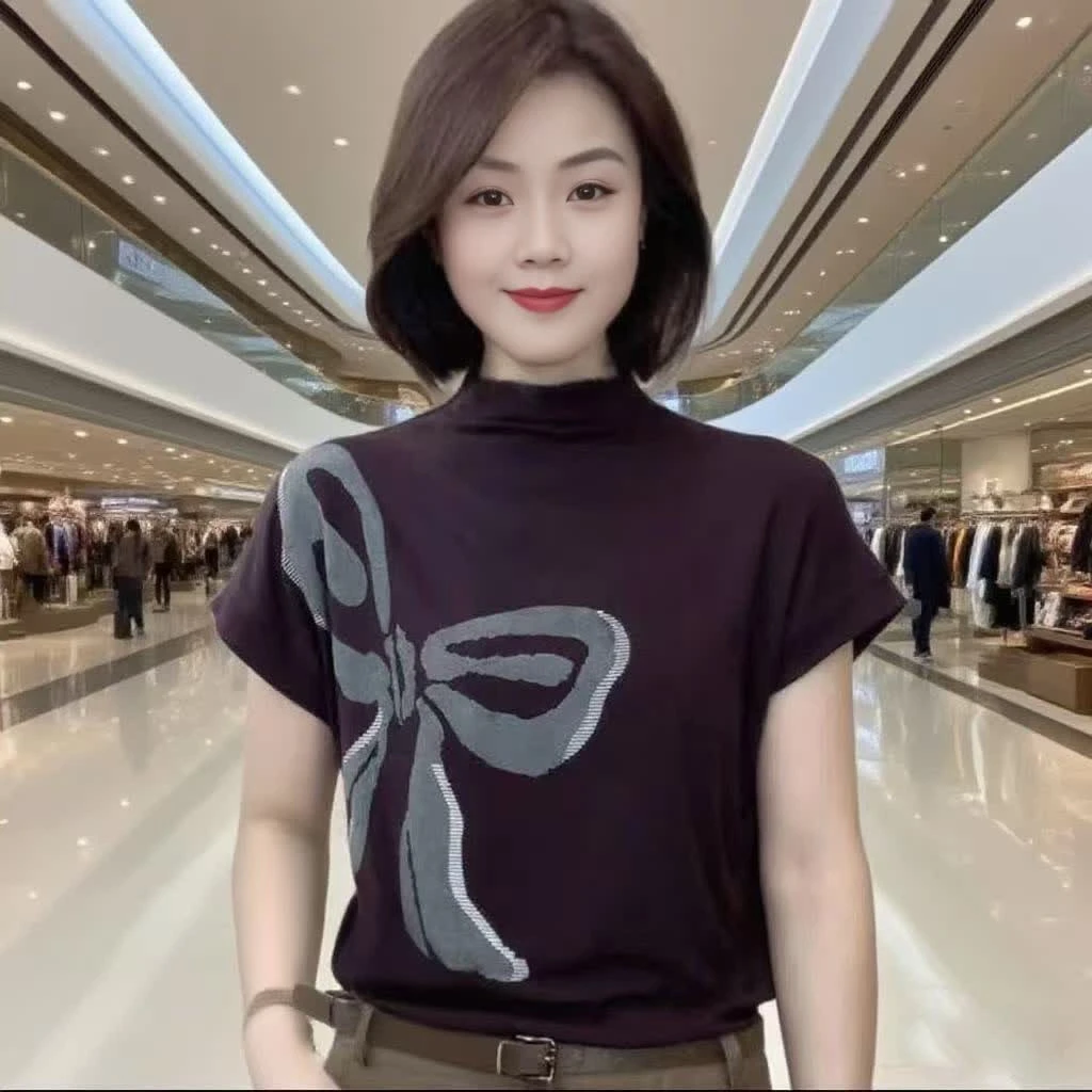 6080夏季新款半高领短袖T恤休闲遮肚时尚百搭印花上衣减龄显瘦