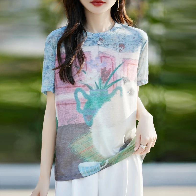 品牌女装2025夏季圆领针织短袖印花T恤时尚宽松显瘦小衫透气上衣