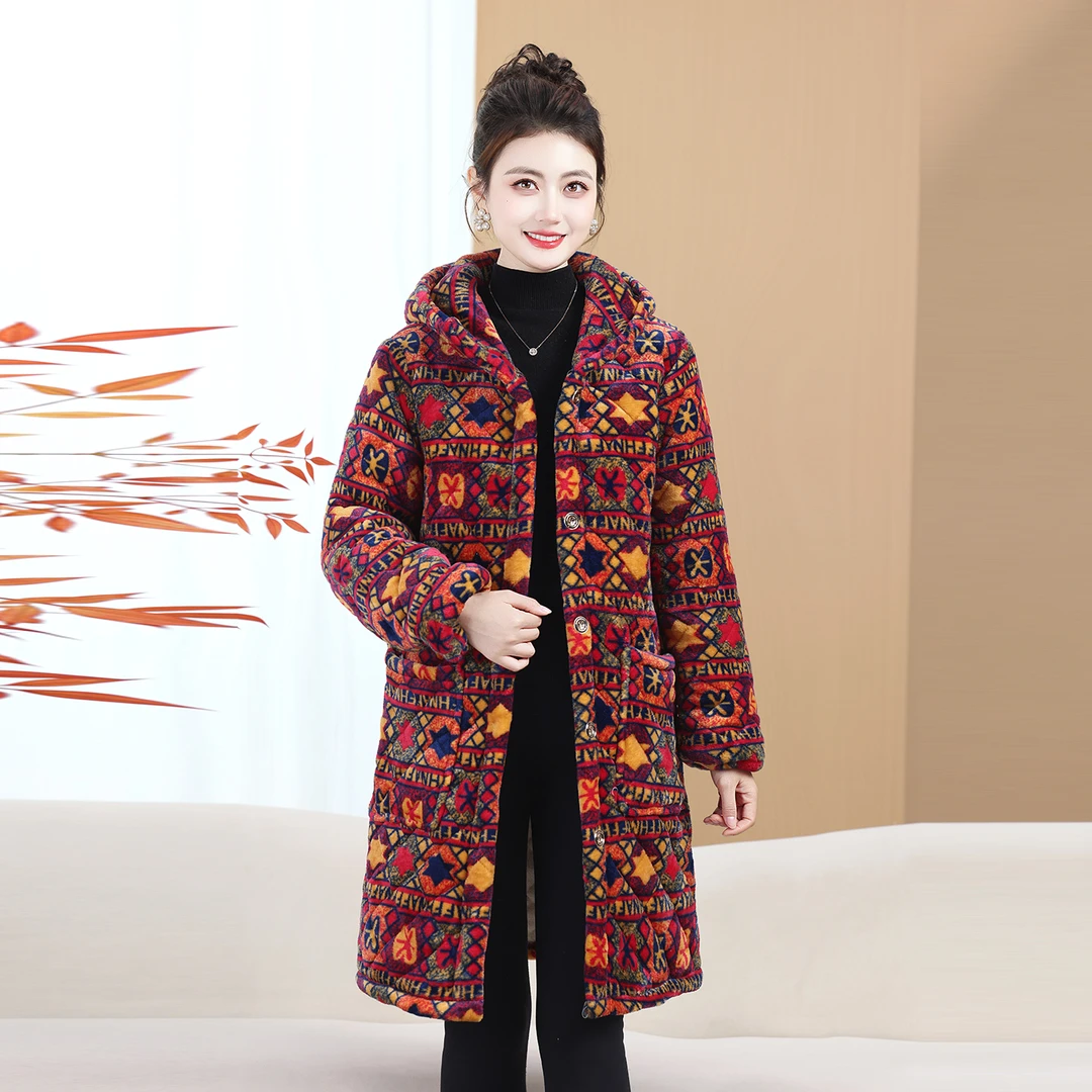 中老年女装冬季加绒加厚棉袄洋气加长款棉服大码妈妈装连帽棉衣服