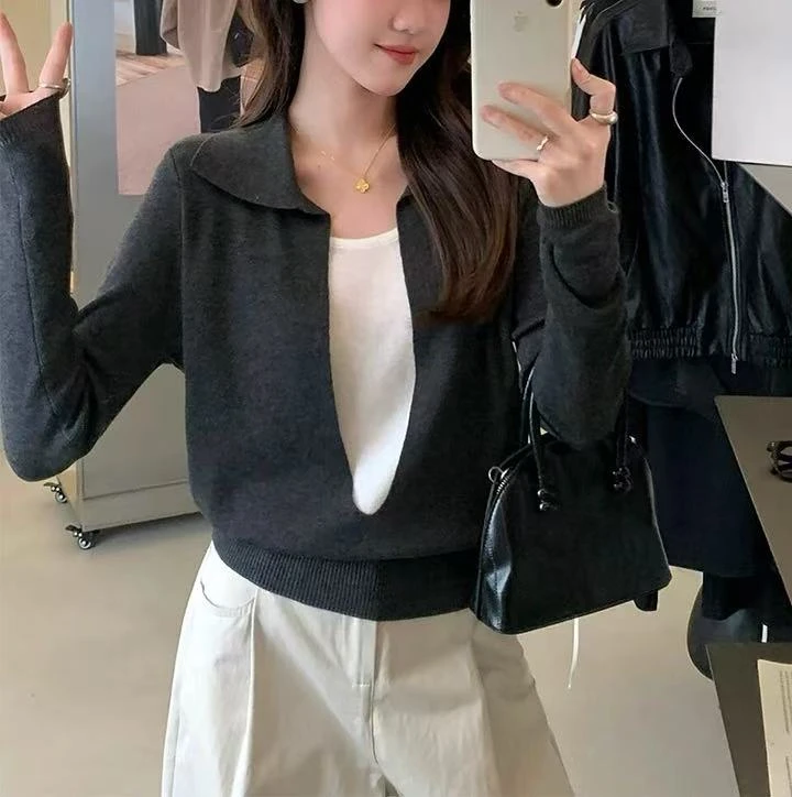 韩系温柔高级感翻领假两件针织衫56488（衣长55）