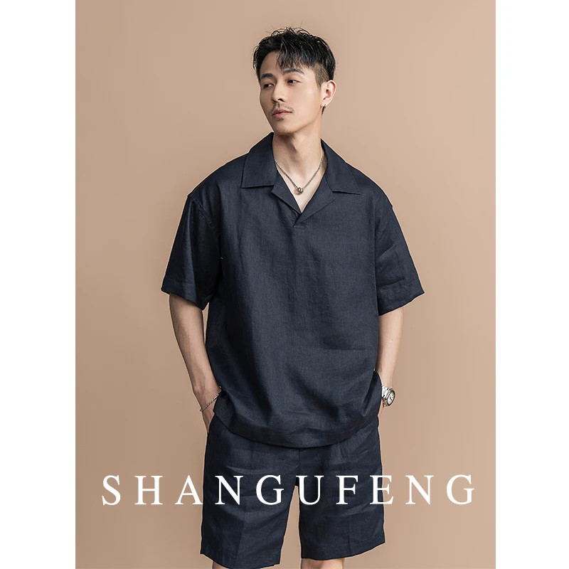 SHANGUFENG【100%雨露亚麻】意式休闲海鸥领Polo衫男士老钱风衬衣