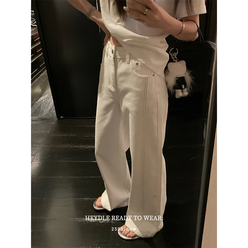黑豆哼哼双线旋律*撞色线条阔腿牛仔裤女夏薄款柔软直筒白裤子