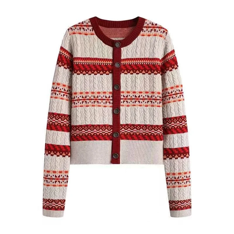 【跳跃红纹】2025春季新款时尚百搭短款红白条纹针织衫开衫女.Y8199