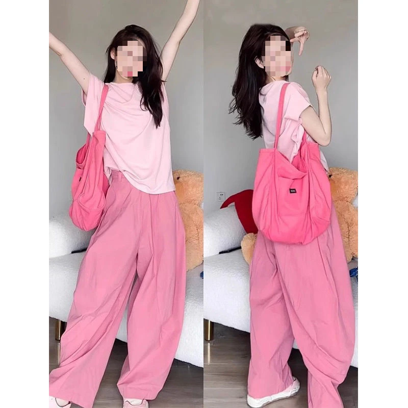大码女装套装2025夏日多巴胺休闲套装恤阔腿裤小个子两件套韩版