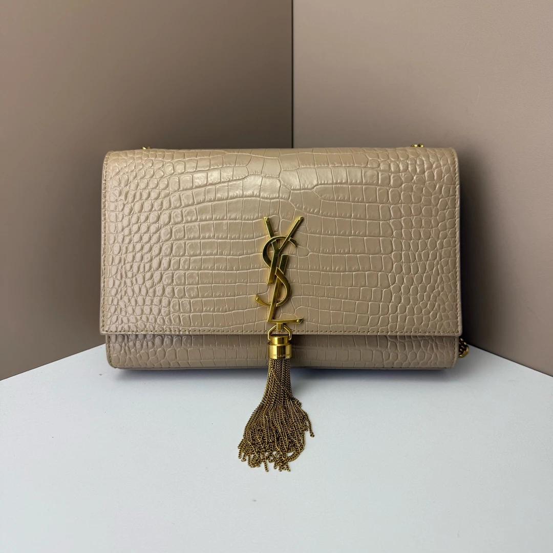 99新 YSL/圣罗兰 Kate奶茶灰金鳄压流苏斜挎包