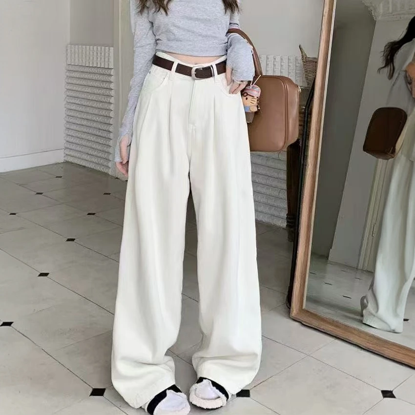 白色阔腿女春新款休闲宽松高腰直筒垂感拖地牛仔裤(不配腰带)