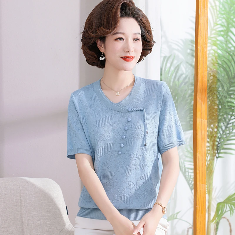新中式妈妈夏装圆领冰丝针织短袖时尚中老年女装纽扣提花宽松小衫