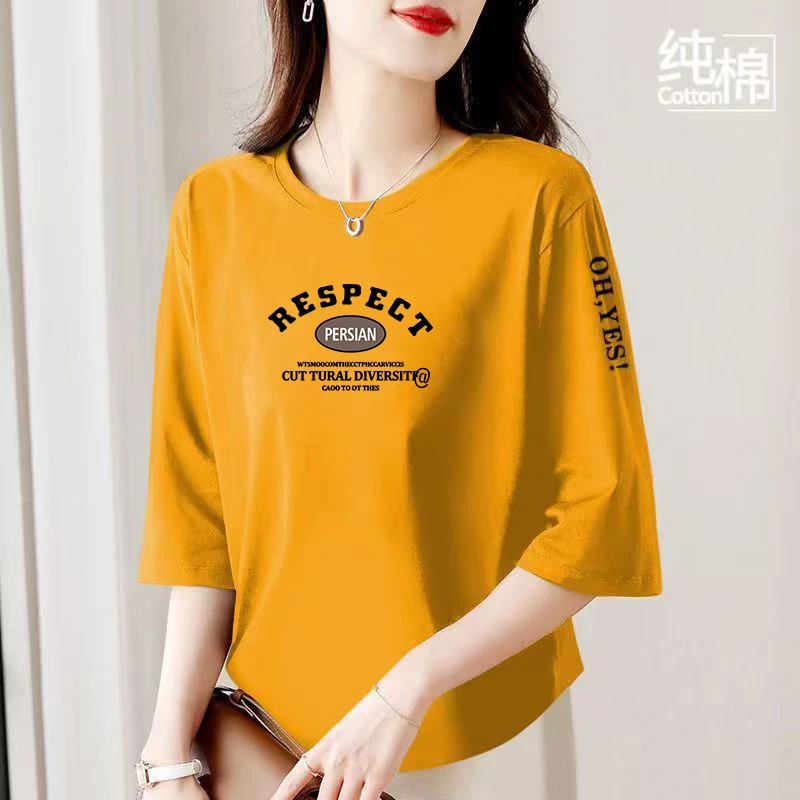 纯棉时尚洋气新款七分袖韩版百搭上衣圆领体恤衫宽松女款秋季t恤