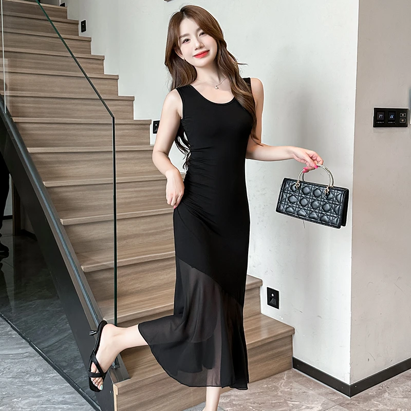 莫代尔连衣裙女2025春夏季雪纺拼接长裙修身显瘦打底裙短袖T恤裙