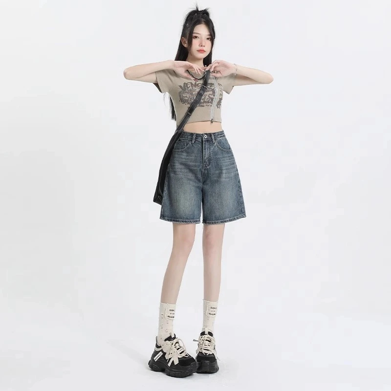 雪千羽宽松直筒五分牛仔短裤女2025夏新款小个子薄款高腰阔腿中裤