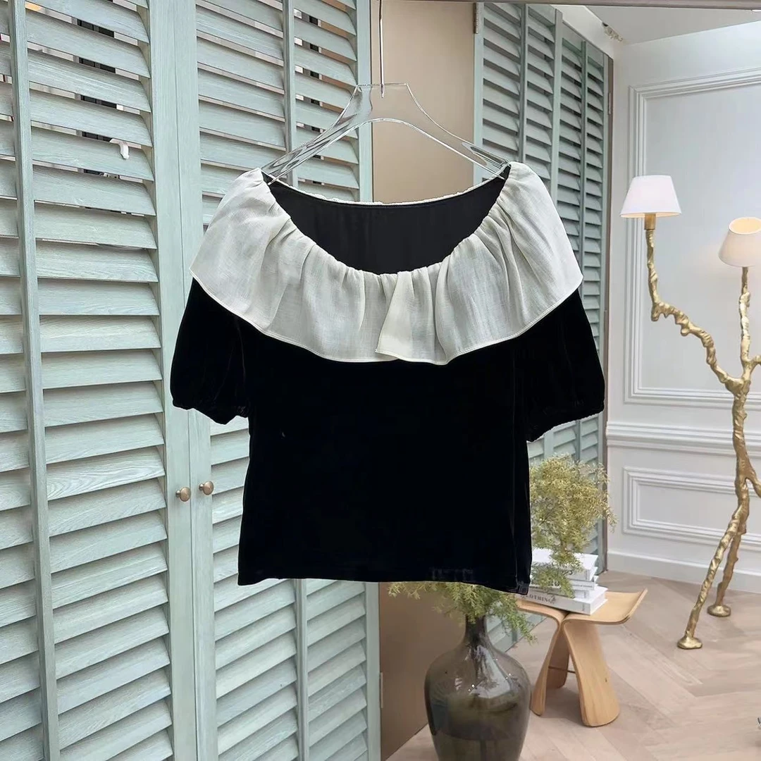 i-EAST 奥地利小镇~撞色纱纱荷叶边短袖上衣T11580