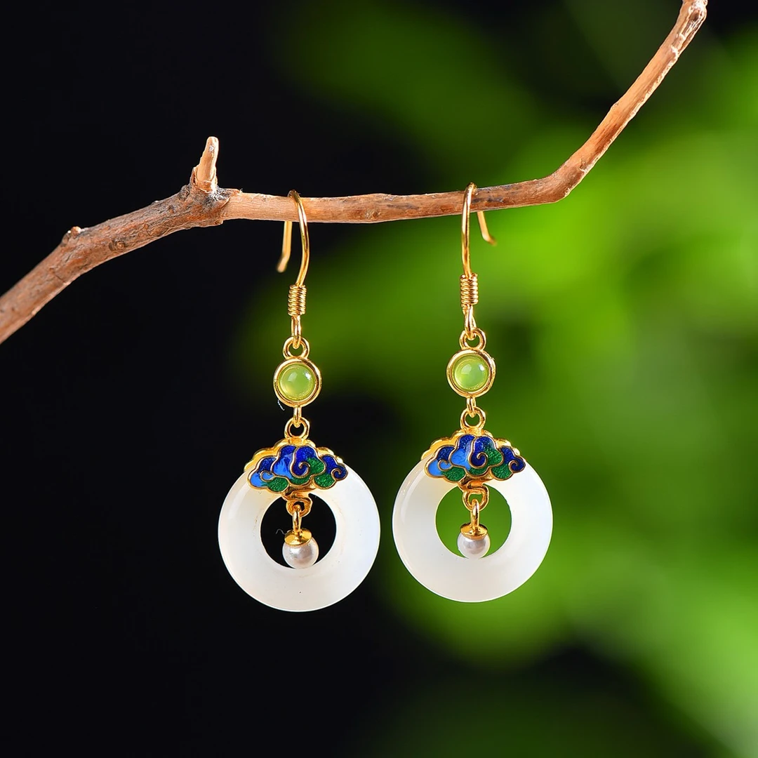 S925银镶嵌天然和田玉平安扣耳坠新中式珐琅祥云耳环耳饰7893