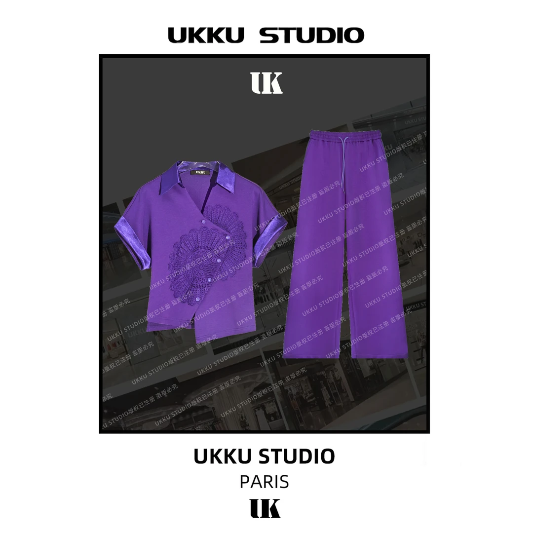 大美【两件套】紫色时尚爆款宽松短袖拼太阳花衬衫套装613779