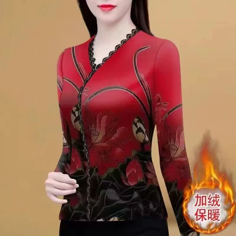 68052 中老年蕾丝加绒打底衫秋冬季新款洋气印花v领t恤修身上衣