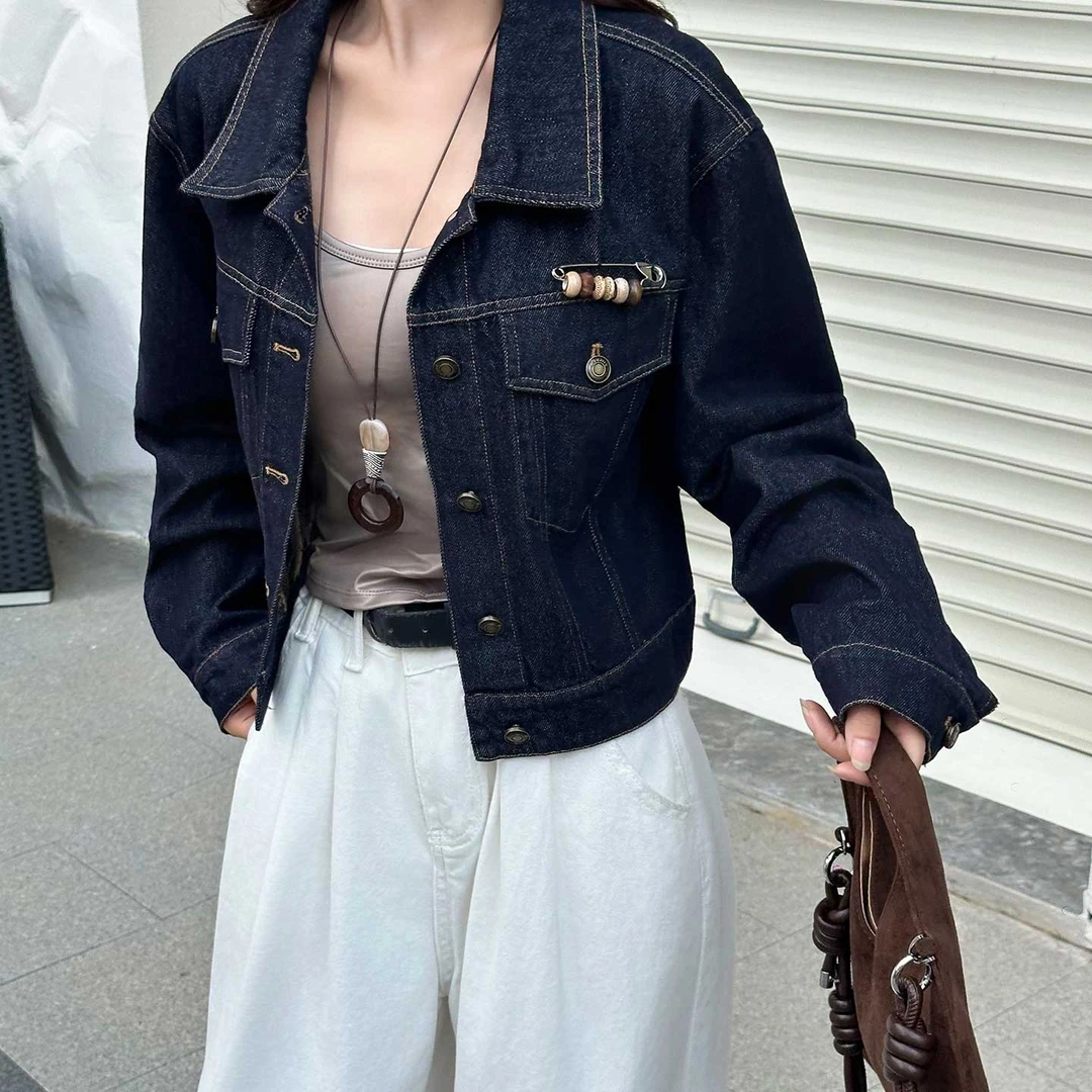 拉夏贝尔2025新款春秋小个子复古翻领正肩夹克上衣牛仔外套女短款
