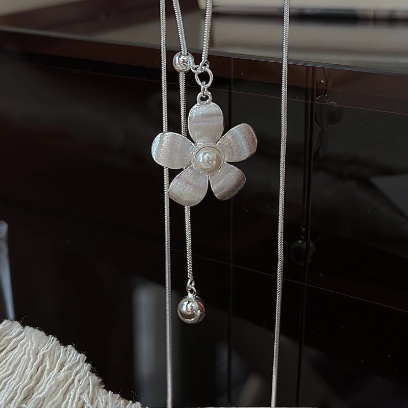 坠链均925银 韩版小众设计感复古拉丝小花抽拉毛衣链韩国风项链女