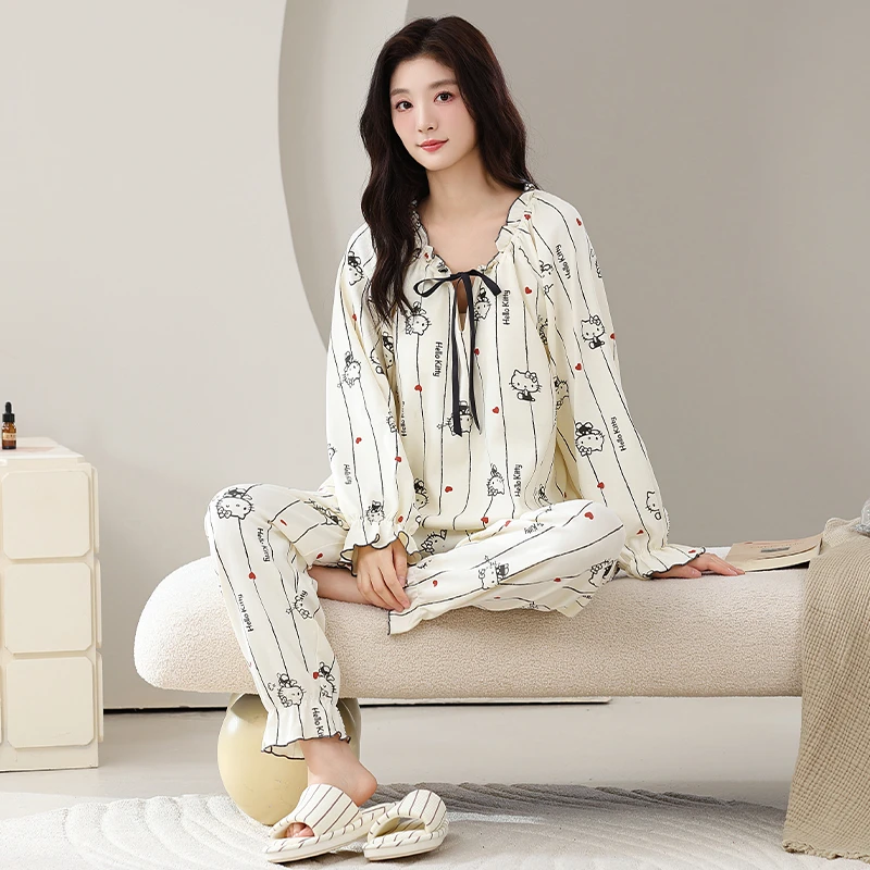 学生高颜值睡衣女春秋卡通长袖长裤套装宽松休闲韩版可外穿家居服