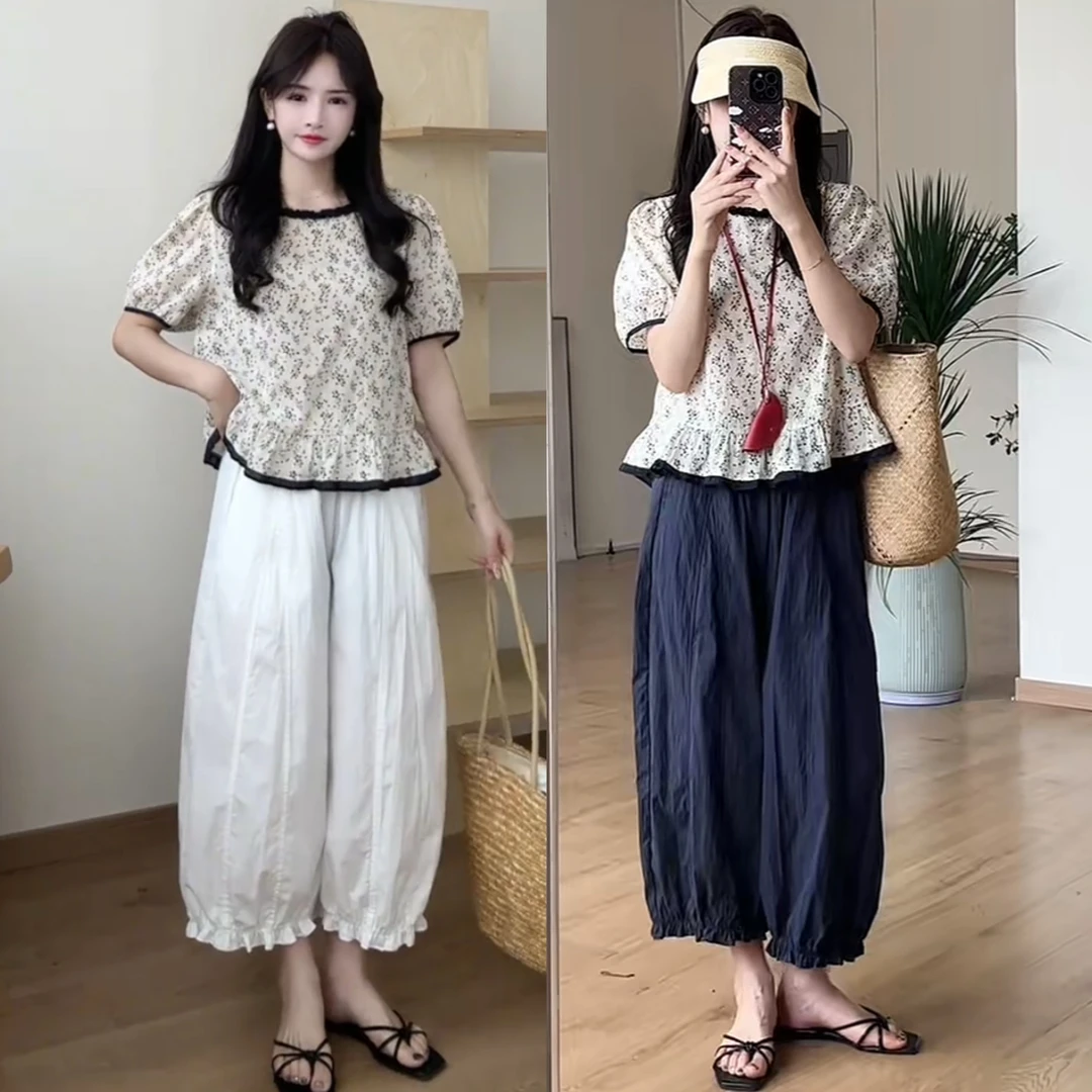夏季爆款设计感碎花短袖小衫+九分灯笼裤女装超好看时尚减龄套装