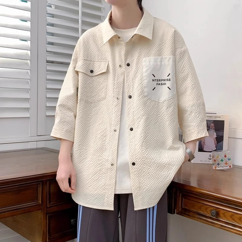 七分袖防晒夏季男士肌理感泡泡纱日系短袖衬衫衬衣ins休闲时尚