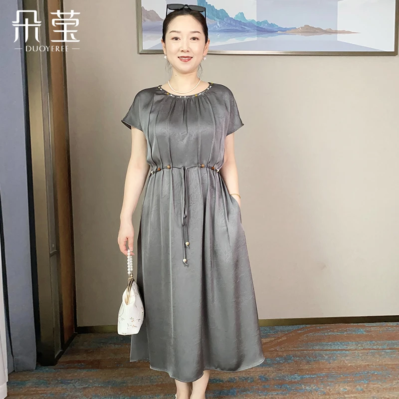 SL妈妈夏装新款连衣裙中年女洋气大码长裙中老年女纯色显瘦裙子