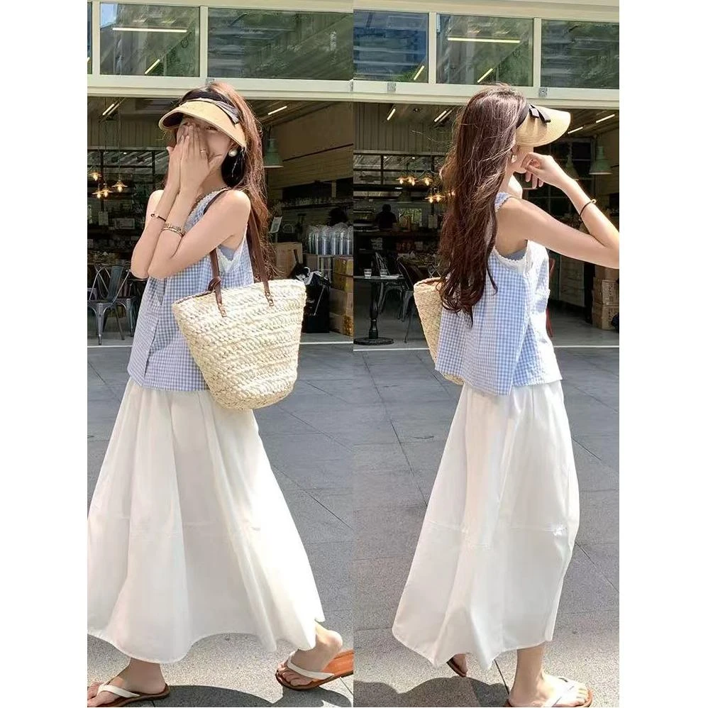 韩版新款休闲百搭高腰遮胯显瘦蓝色上衣白色半身裙套装7112