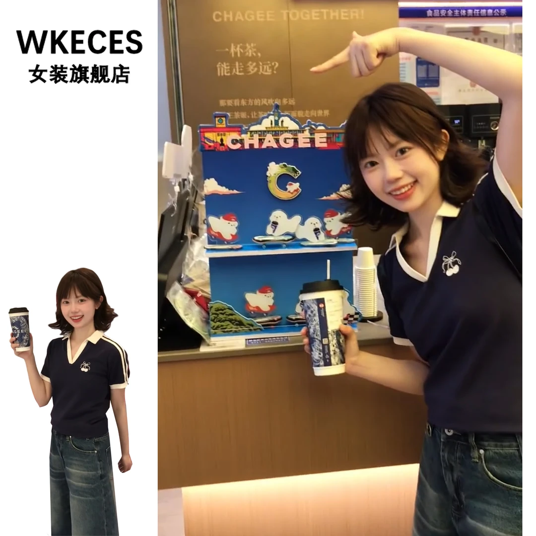 藏蓝色樱桃刺绣V领短袖t恤女夏季2025新款修身显瘦正肩辣妹上衣潮