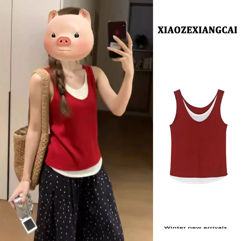 红色假两件针织吊带小背心女夏季外穿别致绝美修身无袖甜辣小上衣