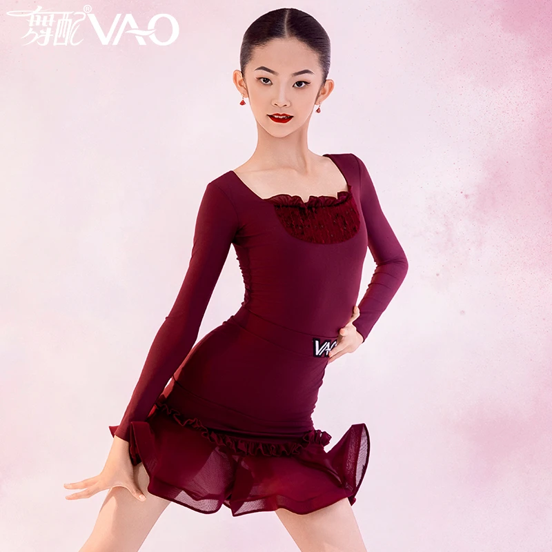 VL51381-2025新款拉丁舞服练功服VAO舞配舞服红色长袖方领裙套装