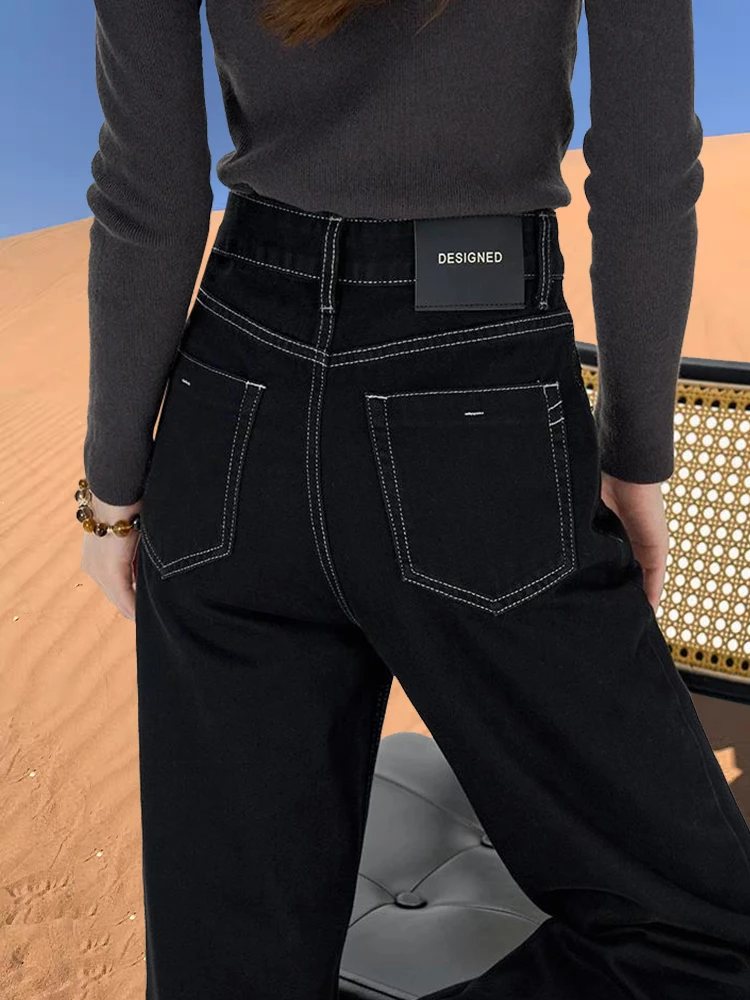 黑色牛仔裤女春秋2025新款冬加绒小个子爆款梨型身材阔腿窄版直筒