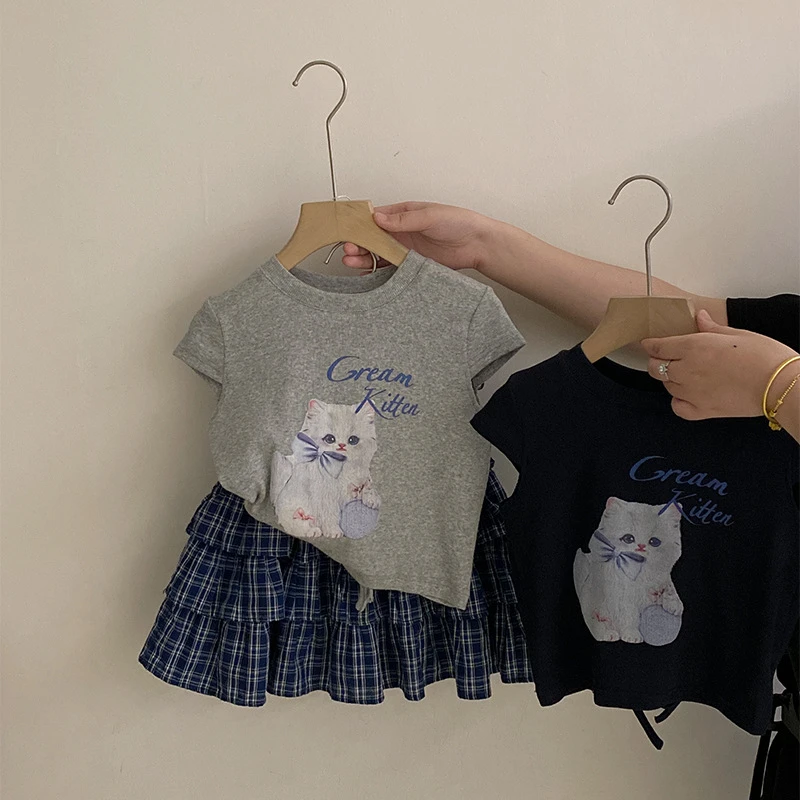 【安安家】女童美式猫咪正肩短袖t恤儿童格子半身裙两件套潮R25303