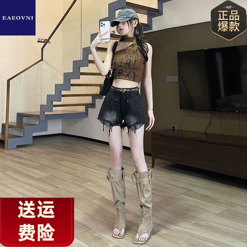 豹纹口袋复古流苏牛仔短裤女年春夏新款高腰显瘦字阔腿热裤60001