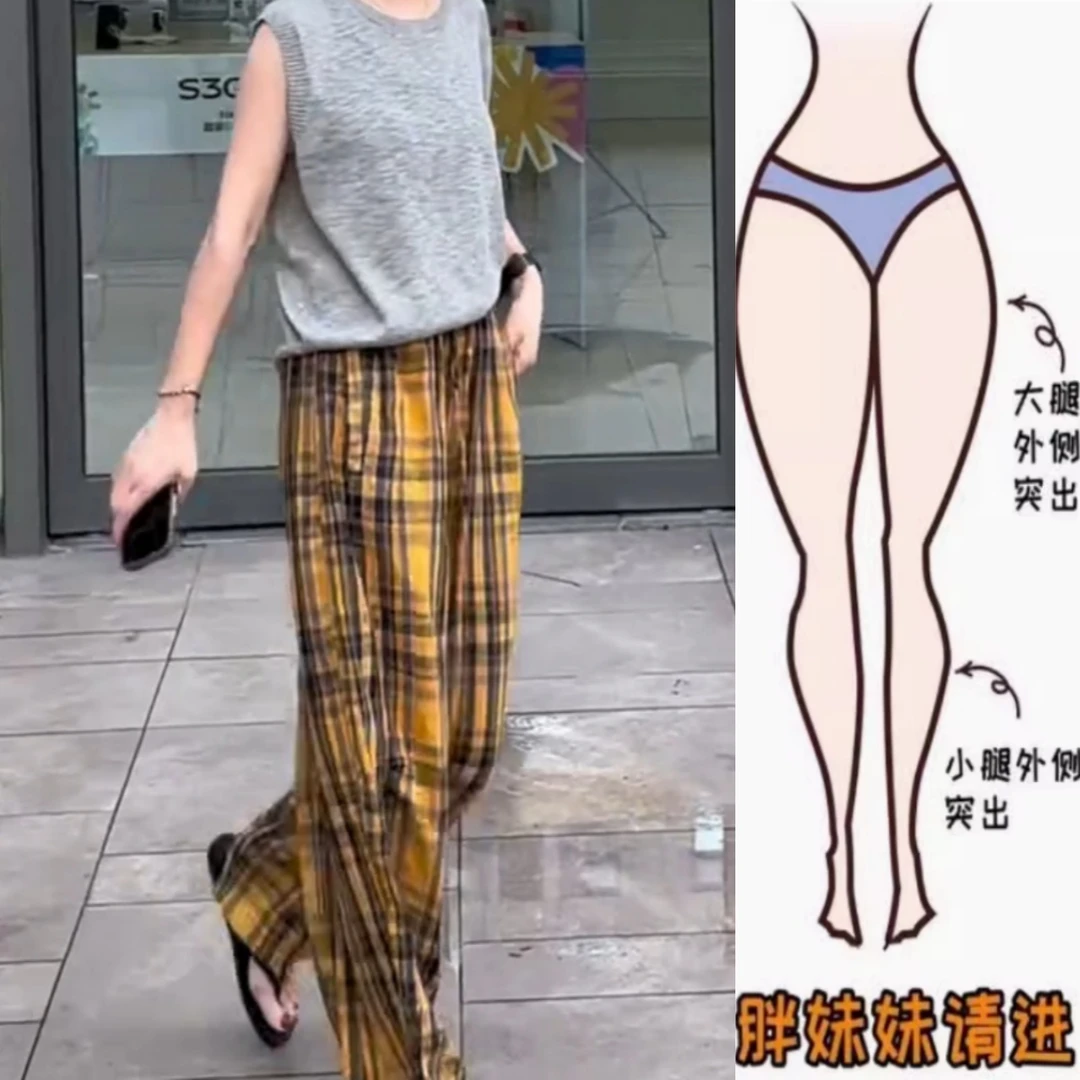 景倩妮时尚慵懒风舒适格纹休闲裤2025夏季新款高腰显瘦宽松阔腿裤