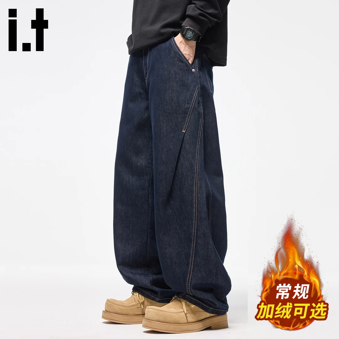 i.t:CHOCOOLATE抗寒保暖牛仔裤男士秋冬季潮牌宽松百搭加绒弯刀裤