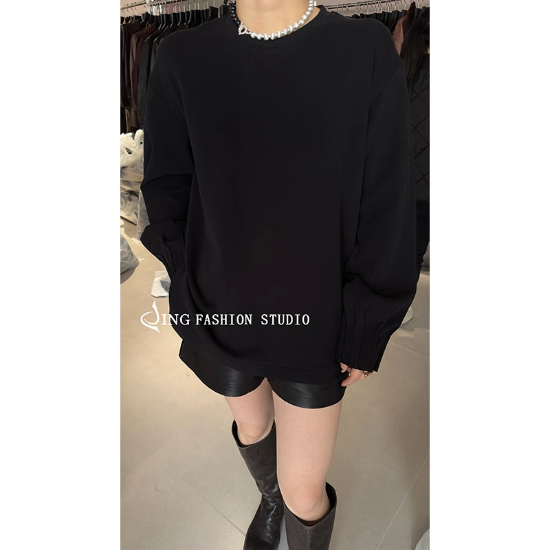 《步步高升》JING2024冬新款9996圆领长袖T恤女装宽松百搭设计感