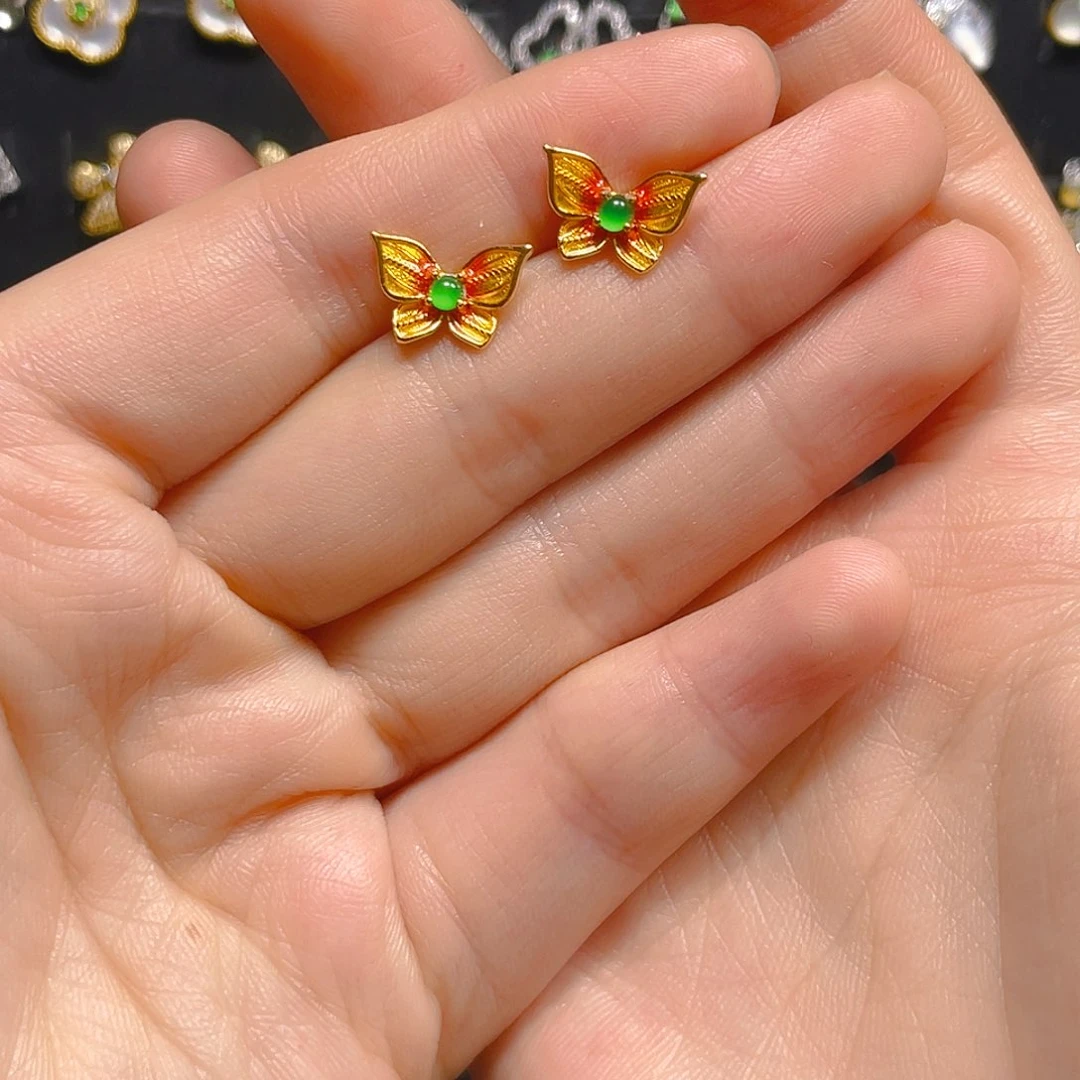 翡翠戒指银S925镶嵌耳钉