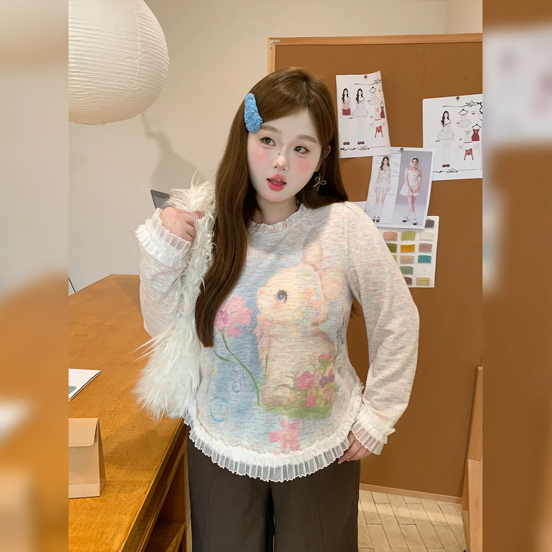 徐达布【浪清迷迭】大码针织衫女微胖早秋印花打底衫Z37772C53