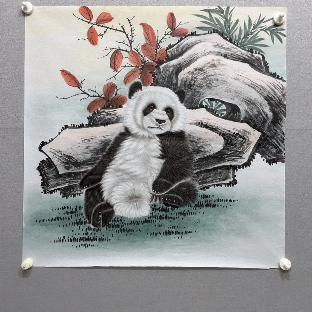 国画工笔大熊猫斗方贾敏