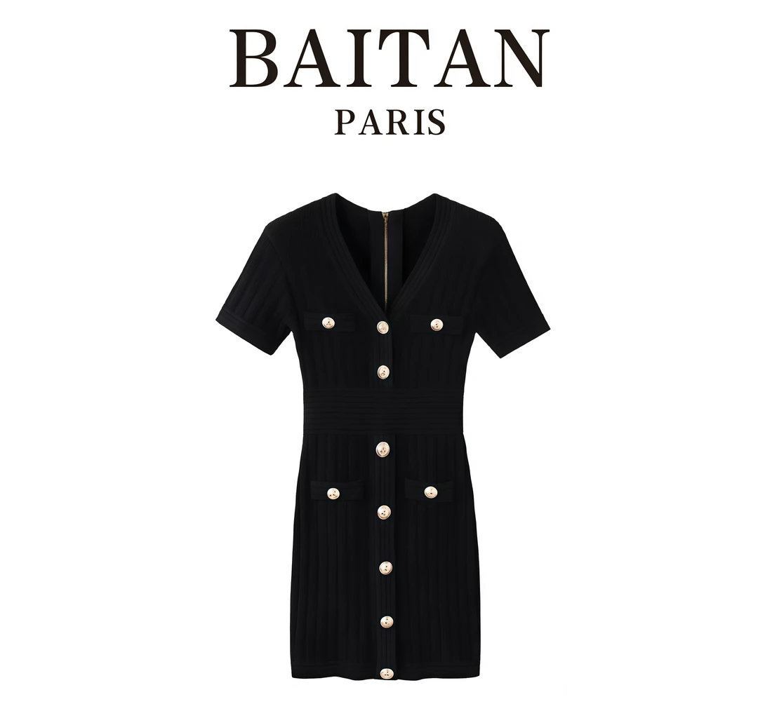 巴曼针织短袖连衣裙夏季新款针织V领收腰紧身显瘦包臀裙