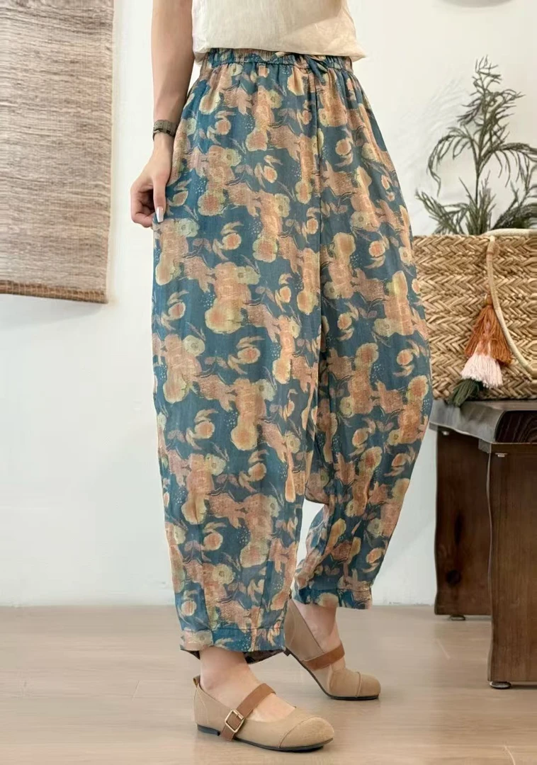 女士双层印花苎麻小脚裤