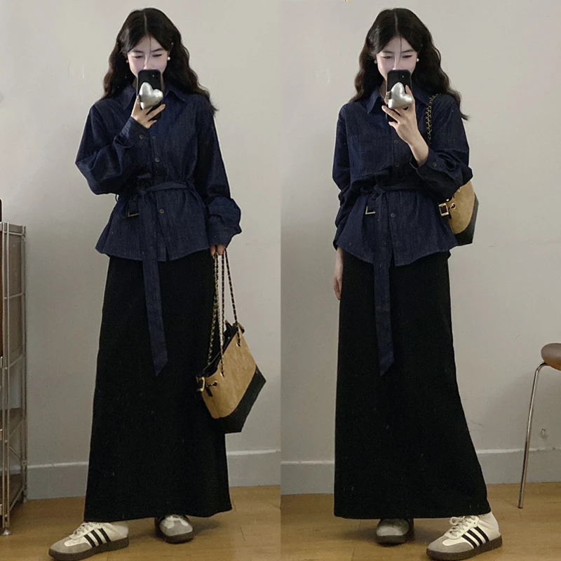 大码胖mm秋季新款复古收腰牛仔衬衫外套高腰半身裙两件套装女