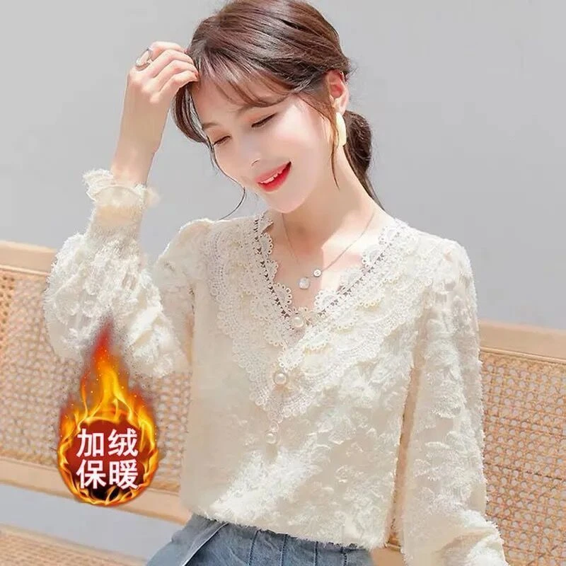 加绒加厚秋冬款气质蕾丝衫女百搭显瘦衬衫洋气时尚长袖打底上衣