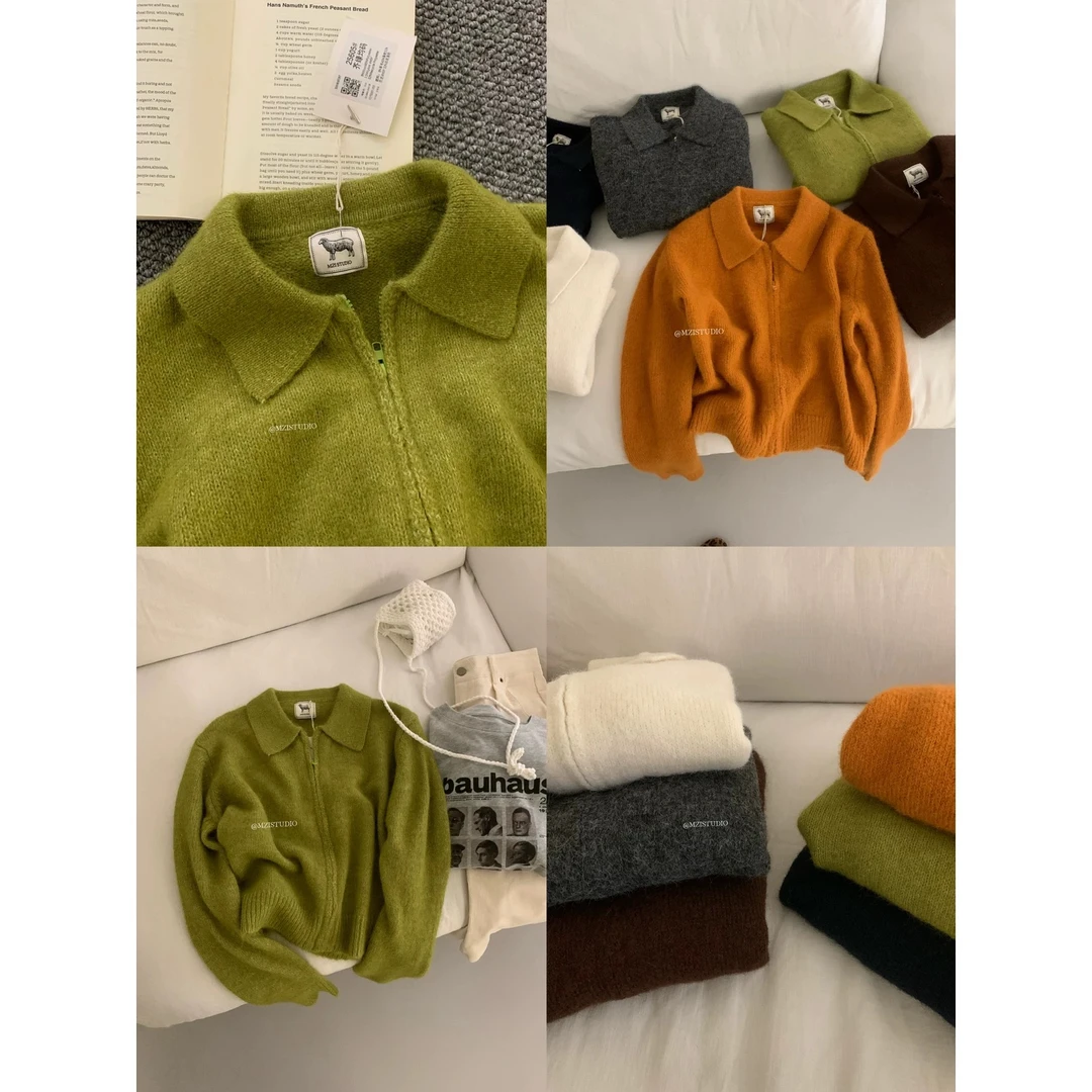 灰灰呀！8075韩标订单原版~毛软乎乎日常慵懒随性拉链翻领毛衣外套