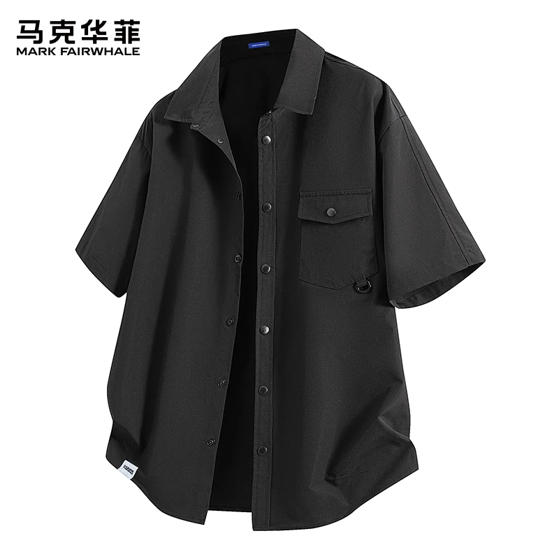 马克华菲夏季薄款纯色美式短袖衬衫男士宽松休闲翻领衬衣外套上衣