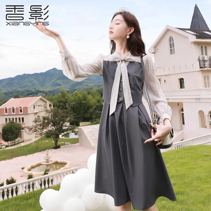 【小余专属】Q833007连衣裙香影长袖灰色连衣裙新款拼接通勤