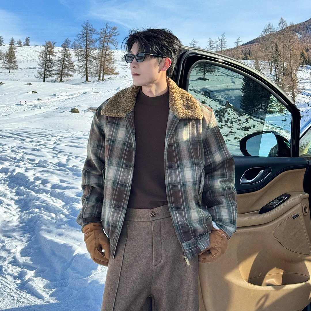 一轩轩轩【人生巨幕】冬季巨好看设计感男格纹毛领夹克厚外套MC8618